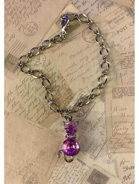 Purple Rhinestone Figural Cat Charm Link Chain Bracelet